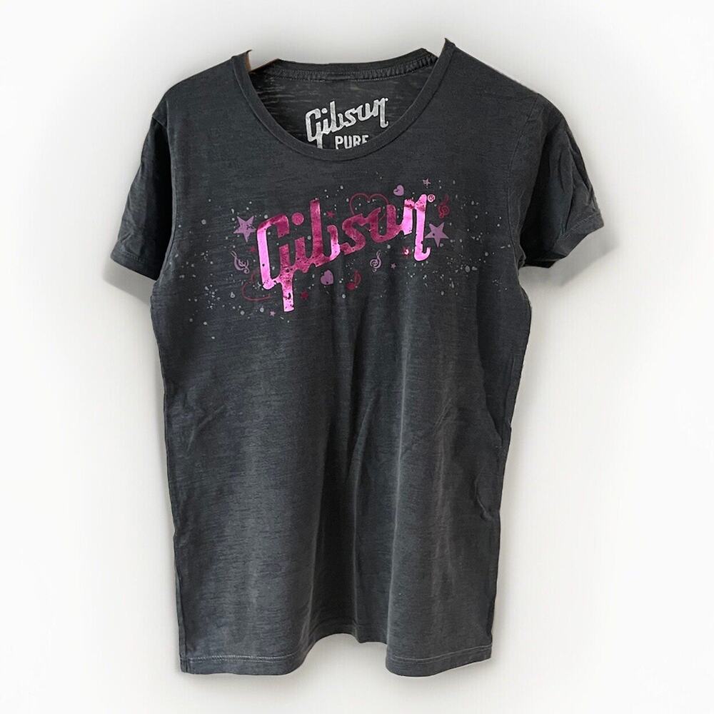 Gibson Guitar T-Shirt Gray With Pink Gibson Juniors Size Large Vintage NWOT